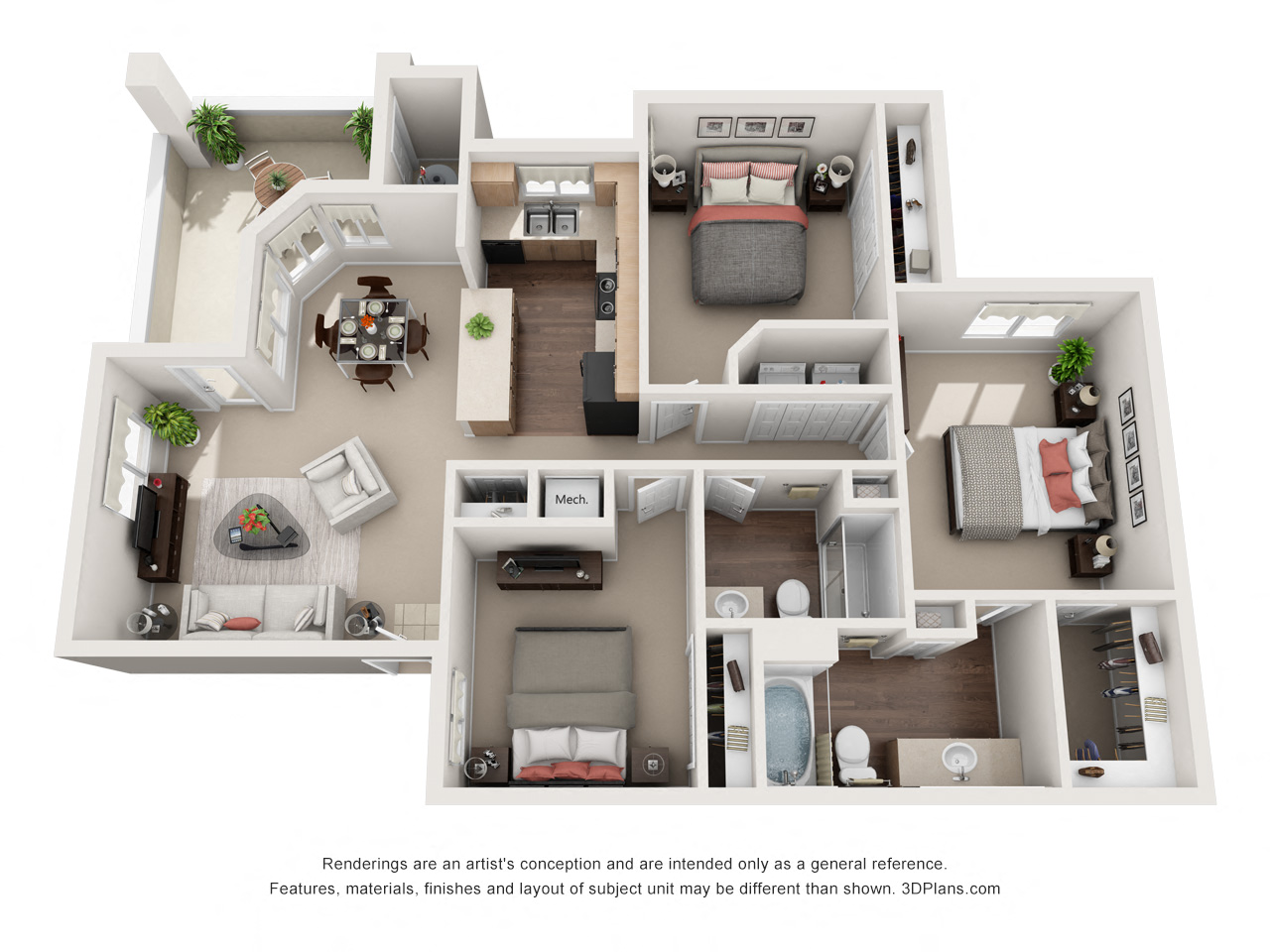 Floor plan for 3 beds, 2 baths, 1216 sqft